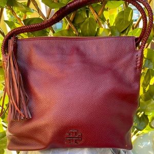 Tory Burch Taylor Imperial Garnet pebble leather hobo bag braided handles,tassel